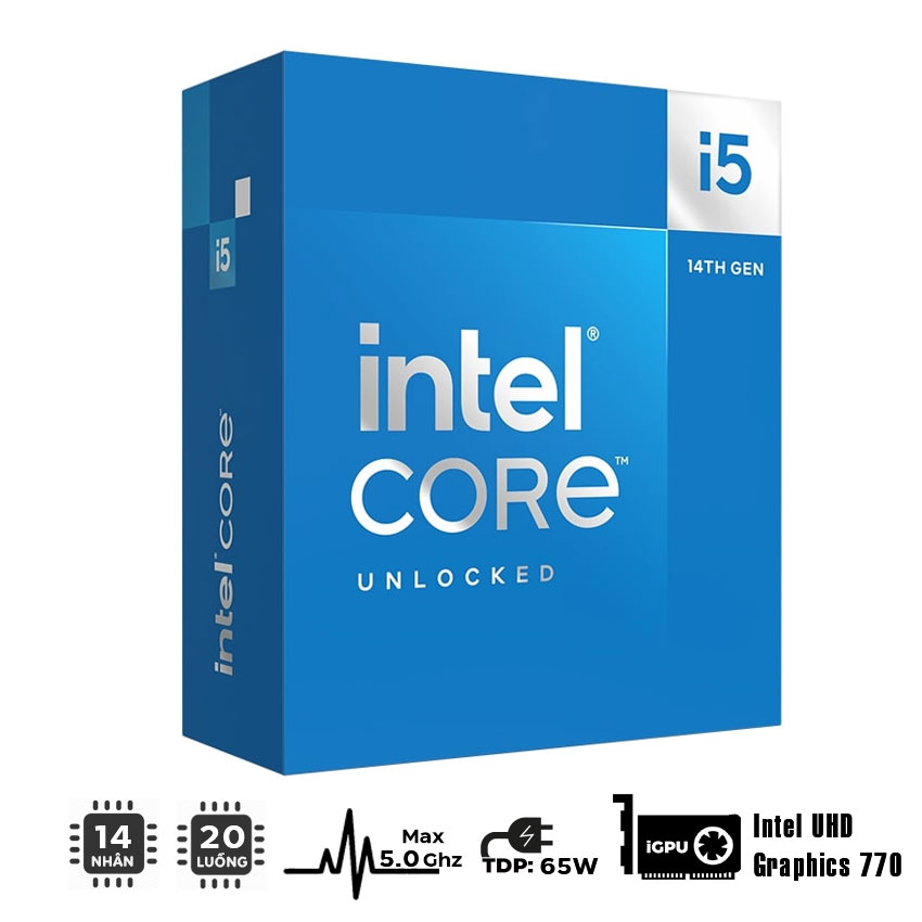 CPU Intel Core i5-14500 (UP TO 5.0GHZ, 14 NHÂN 20 LUỒNG, 24MB CACHE, 65W) - SOCKET INTEL LGA 1700/RAPTOR LAKE chính hãng