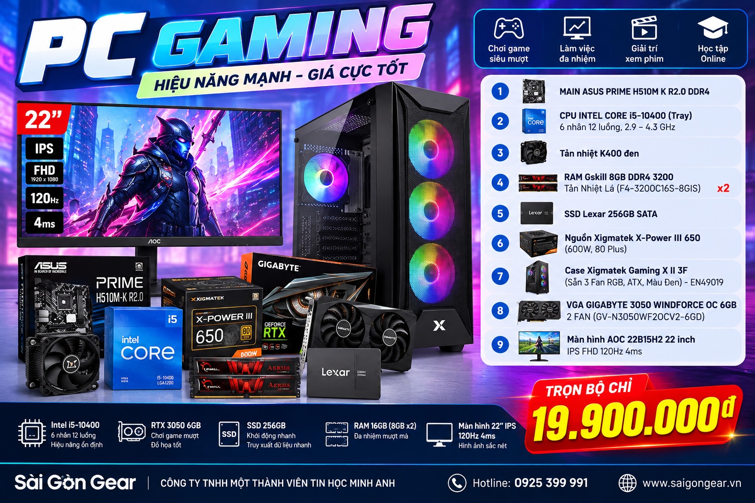 PC GAMING I5-10400 + RTX 3050 – TRỌN BỘ