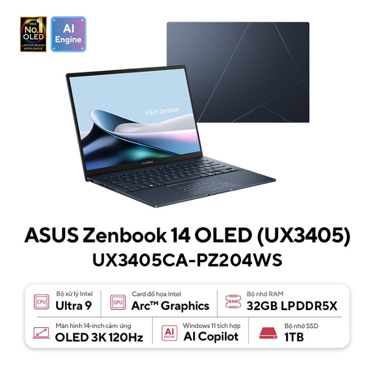 Laptop Asus ZenBook 14 UX3405CA-PZ204WS (Ultra 9 285H/32GB RAM/1TB SSD/14 3K Oled Cảm ứng/Win11/Túi/Bút/Xanh)